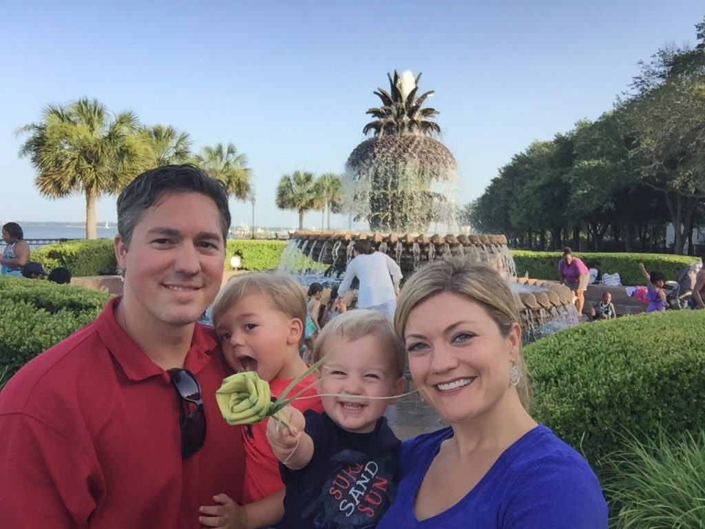 Traveler of Charleston Publisher Keith Simmons and his family at the Pineapple Fountain at Waterfront Park.