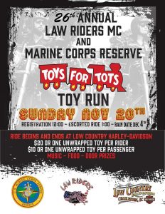 Law Riders MC and Marine Corps Reserve Toys for Tots Toy Rin @ Low Country Harley-Davidson |  |  | 